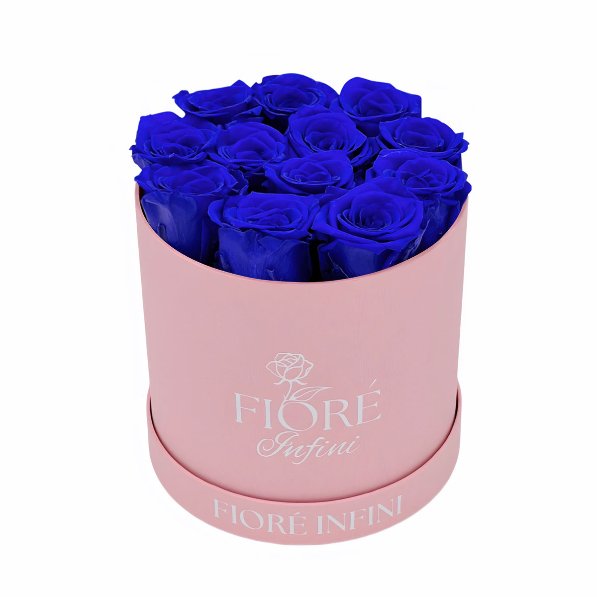 12 preserved blue roses in a pink box
