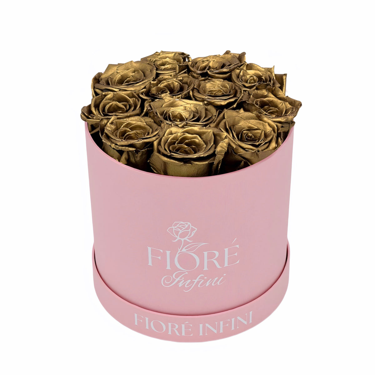 gold roses in a pink box