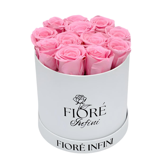 pink roses in a white box