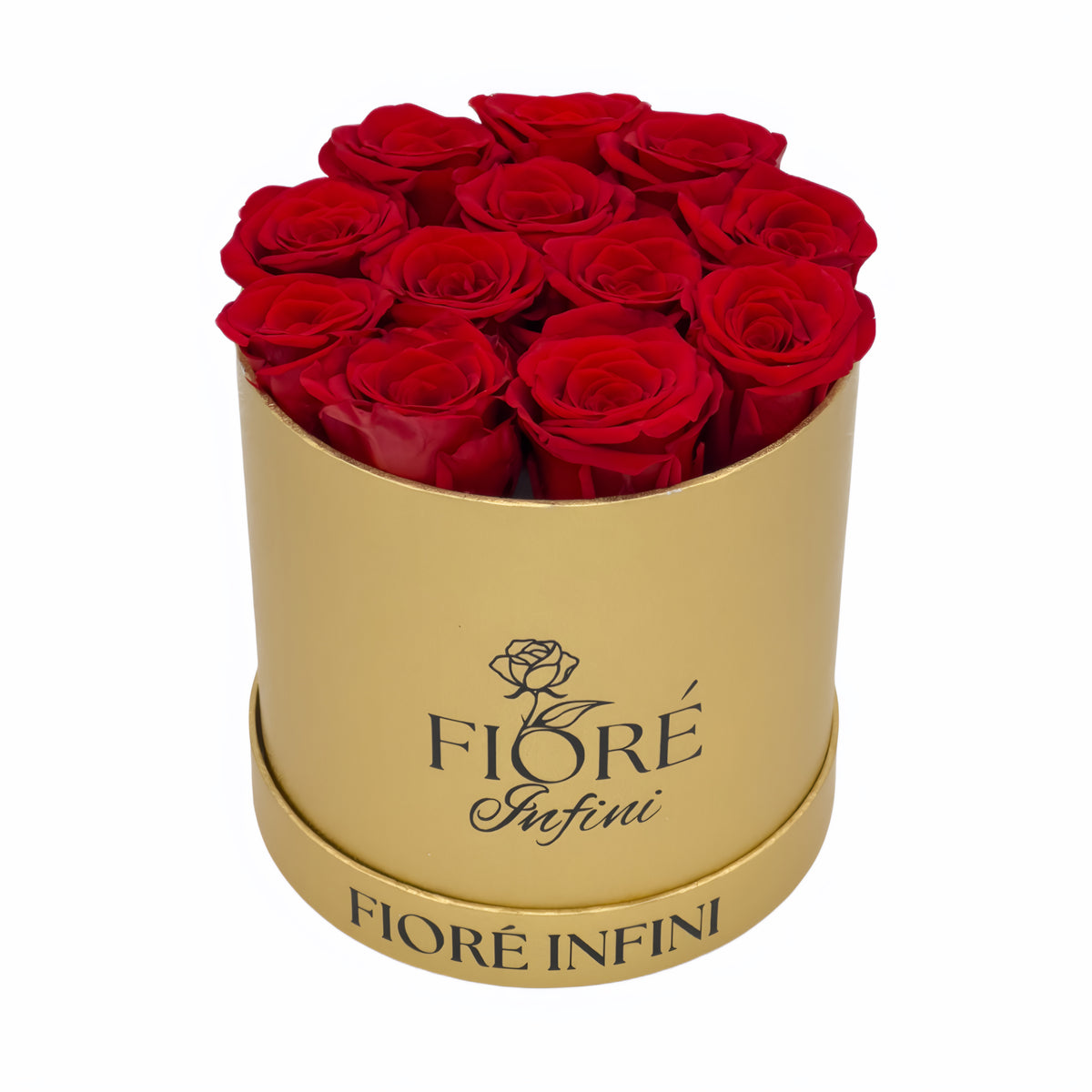 12 red roses in a round gold box