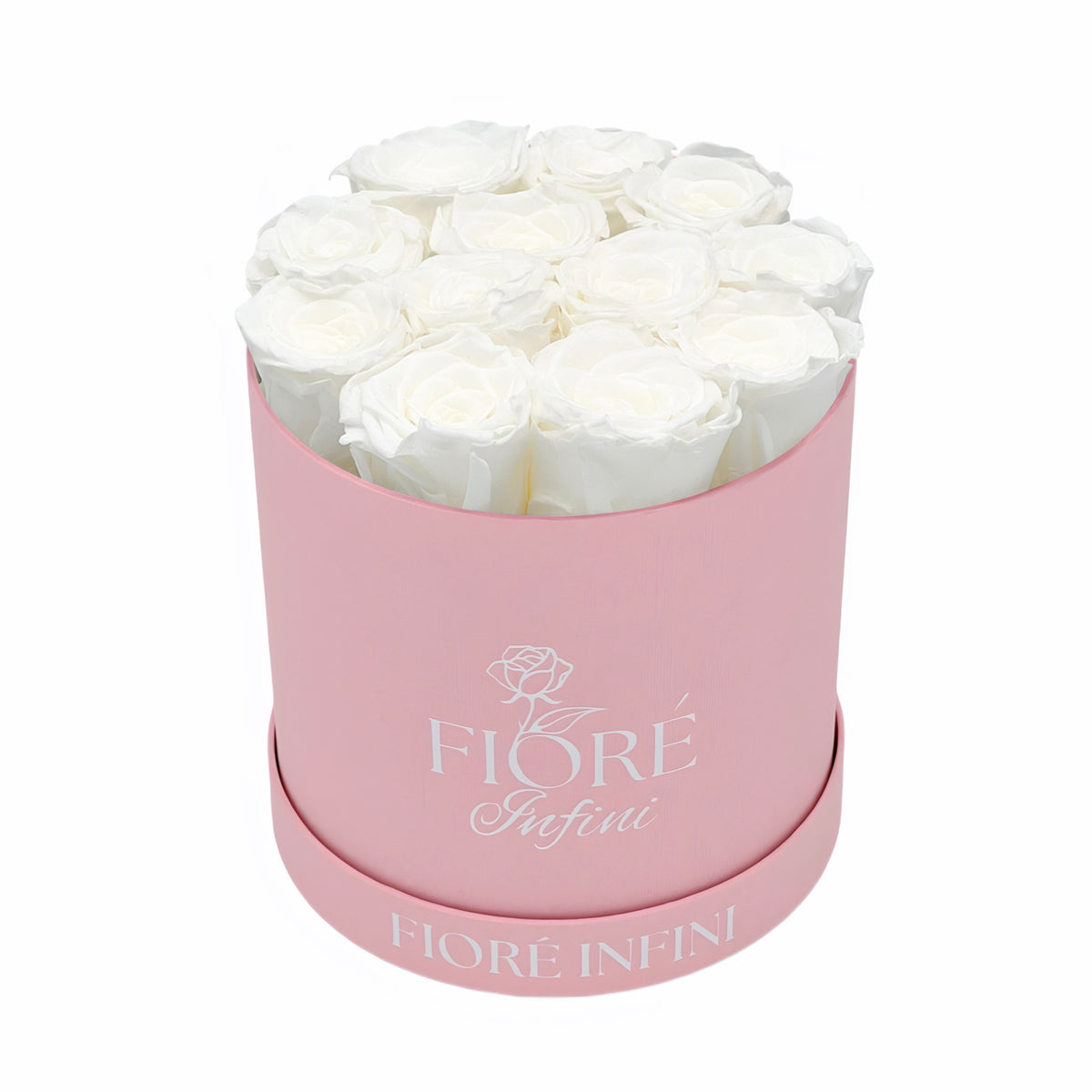 White Forever Roses In A Round Pink Box