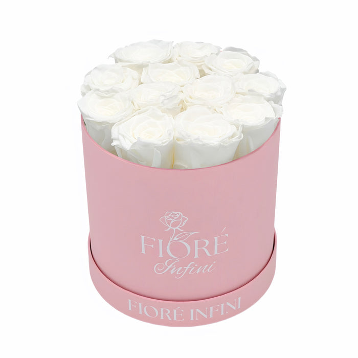 White Forever Roses In A Round Pink Box