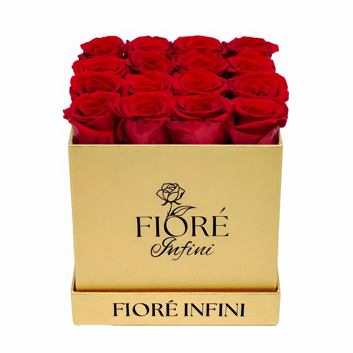 red roses in square gold box