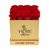red roses in square gold box
