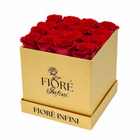 red roses in square gold box by Fiore Infini