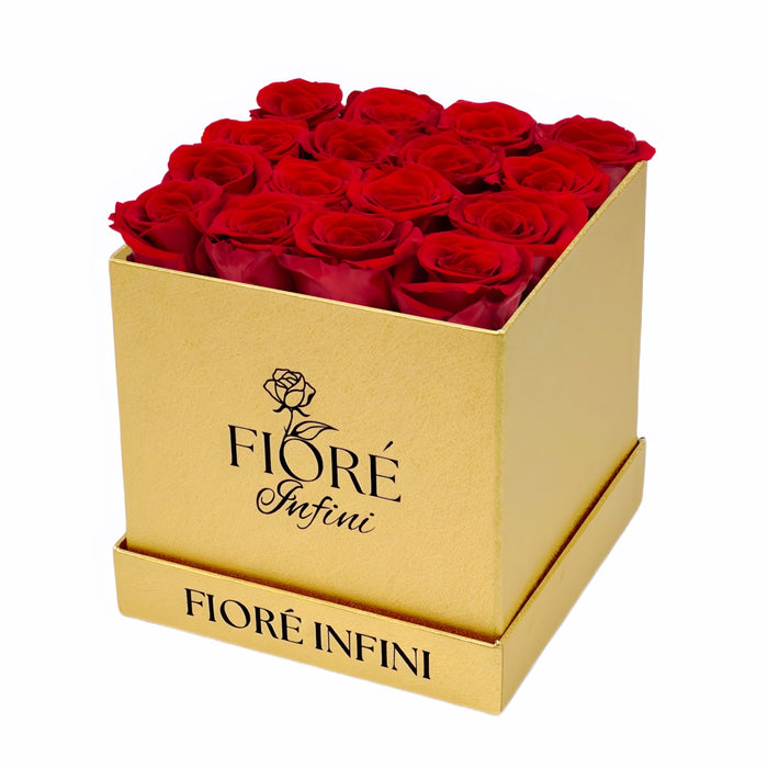 red roses in square gold box by Fiore Infini