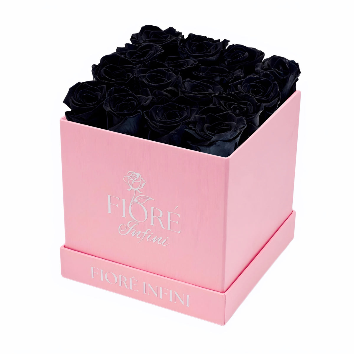 black forever roses in a pink box