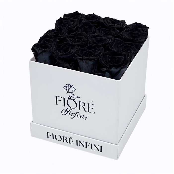 black roses in a white box, black forever roses, black preserved roses