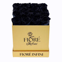 black roses in gold box by Fiore Infini