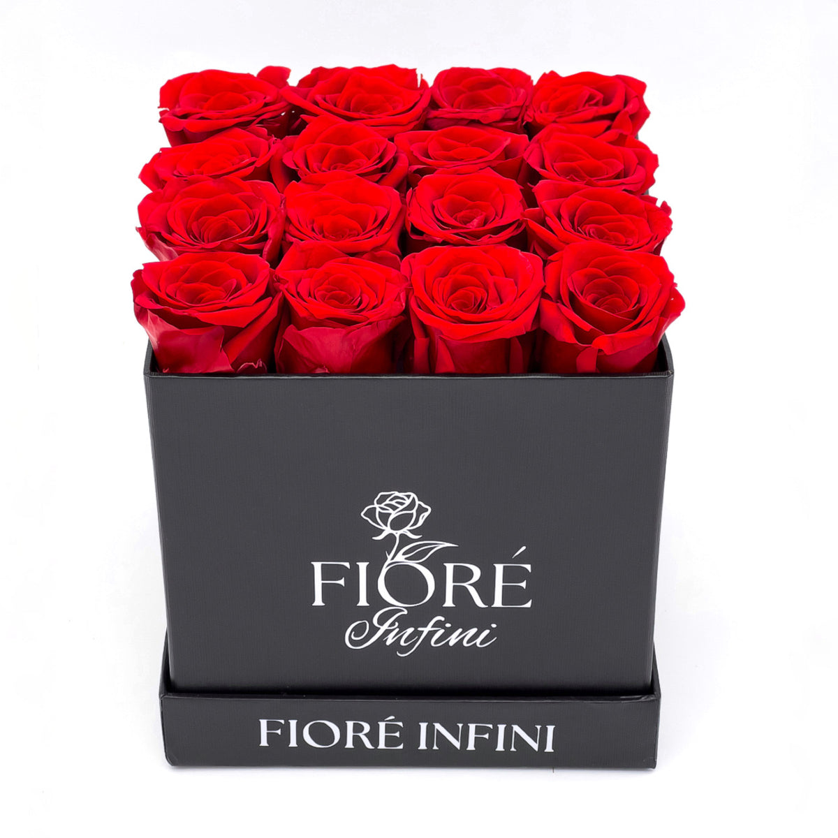 16 preserved red roses in a black square box