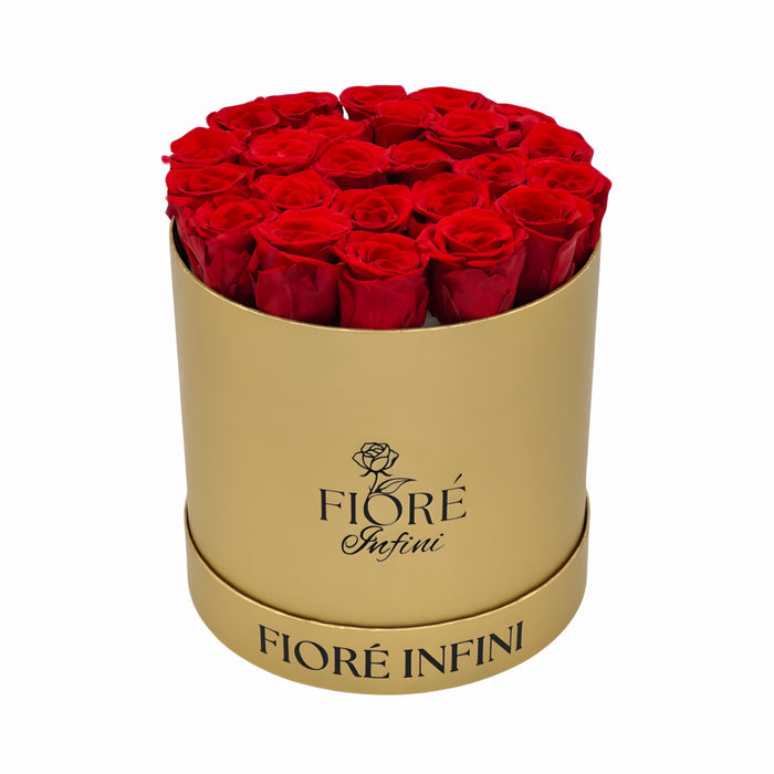 24 red forever roses in a round gold box