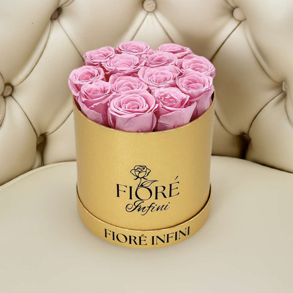 Pink Forever Roses In A Round Gold Box