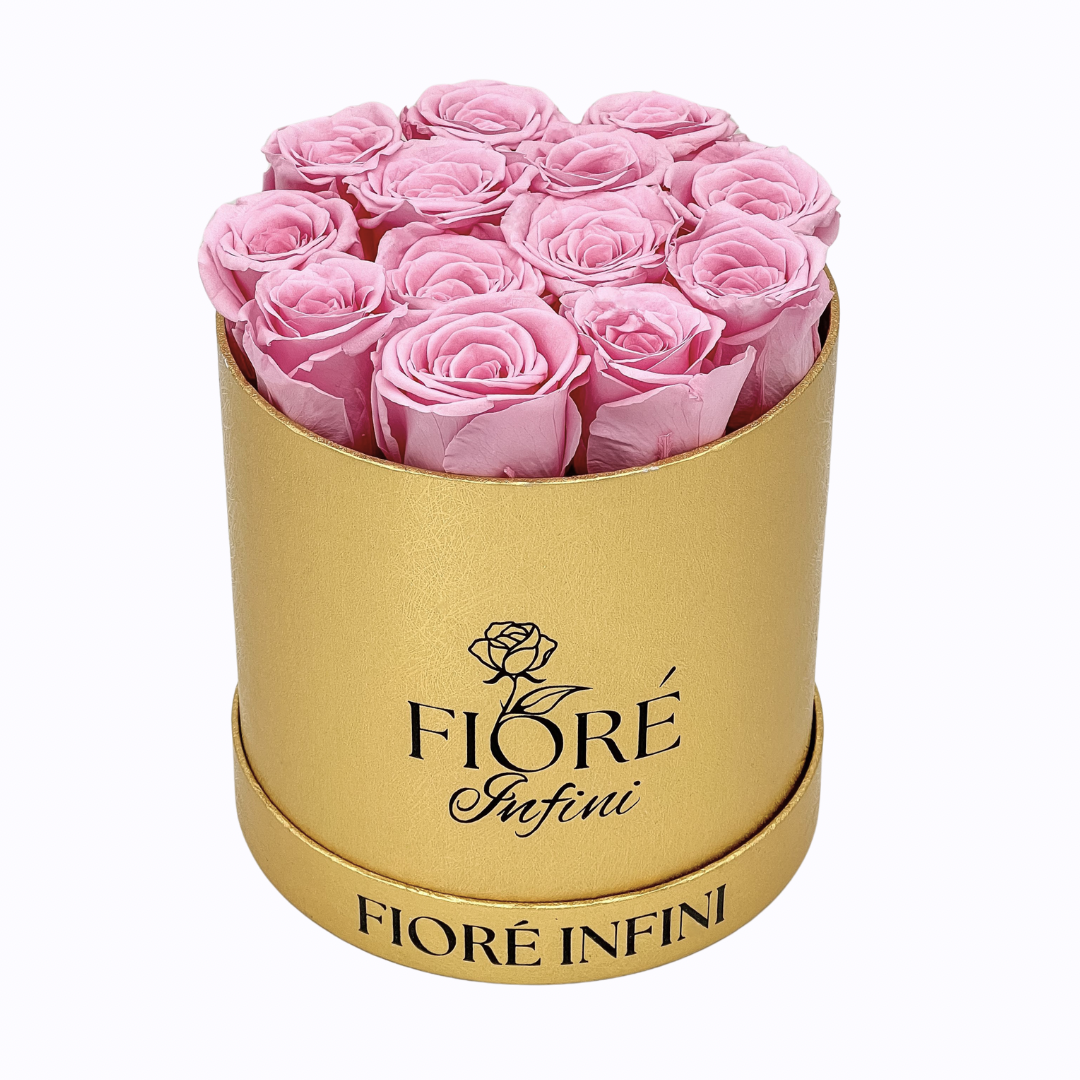 Pink Forever Roses In A Round Gold Box
