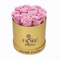 Pink Forever Roses In A Round Gold Box
