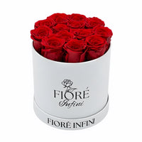 Red Forever Roses In A Round White Box