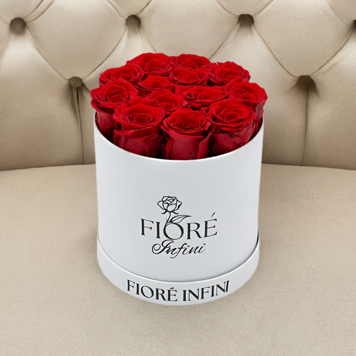 Red Forever Roses In A Round White Box by fiore infini