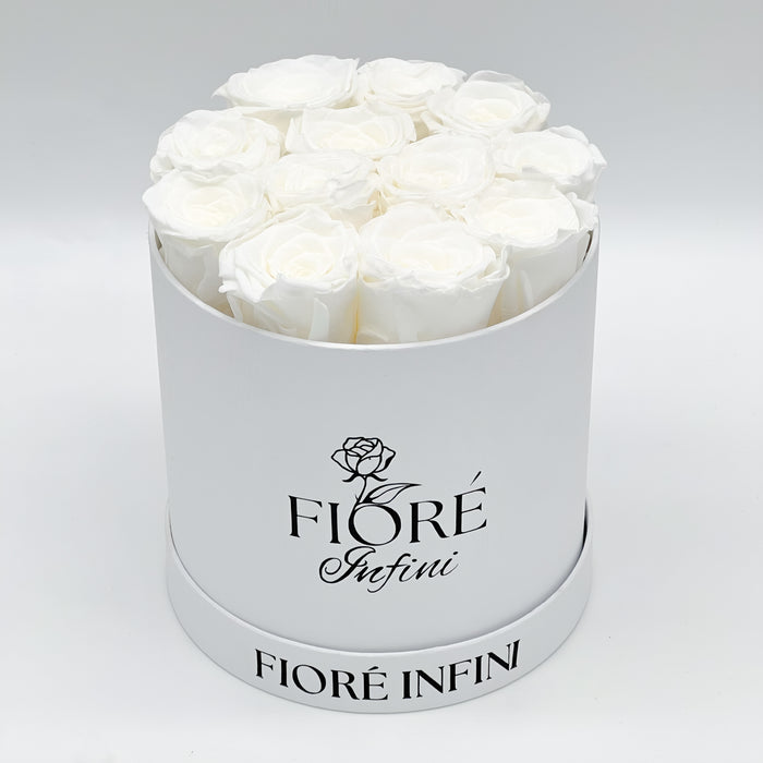 White Forever Roses In A Round White Box