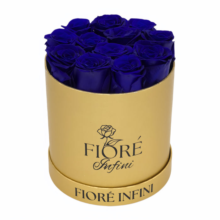Royal Blue Forever Roses In A Round Gold Box