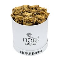 Metallic Gold Roses In A Round White Box