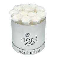 12 white roses in a silver round box