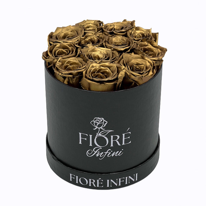 gold preserved roses in black box