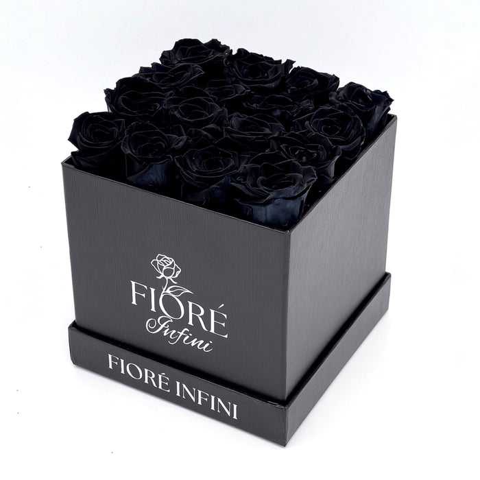 16 black forever roses in a black square box