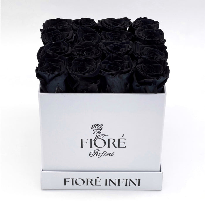 16 black forever roses in a white square box