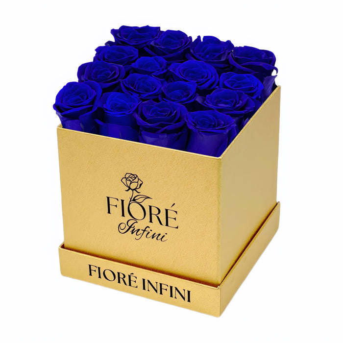 Blue Forever Roses In A Gold Square Box