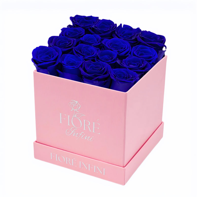 Blue Forever Roses In A Pink Square Box