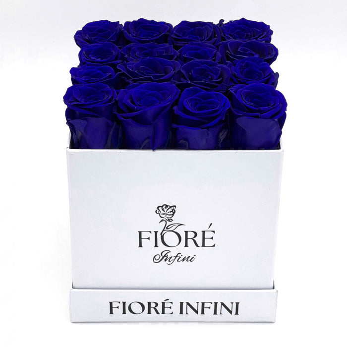 16 royal blue roses in a white square box