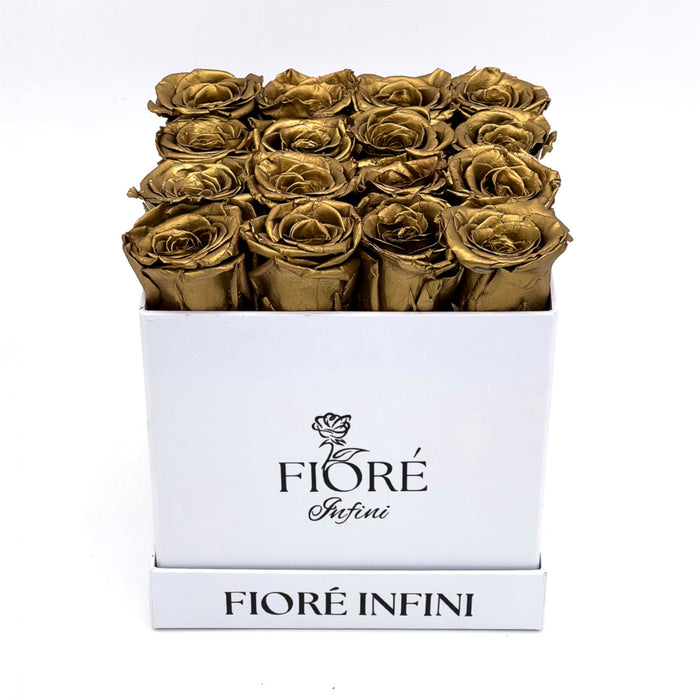 16 Antique Gold Forever Roses In a White Square Box by Fiore Infini