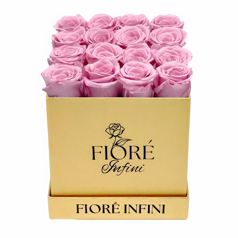 Pink Forever Roses In A Gold Square Box