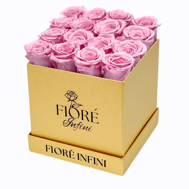 Pink Forever Roses In A Gold Square Box by Fiore Infini