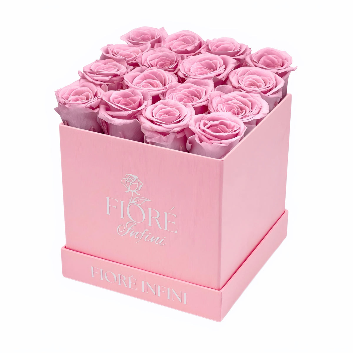 pink preserved roses in pink square box