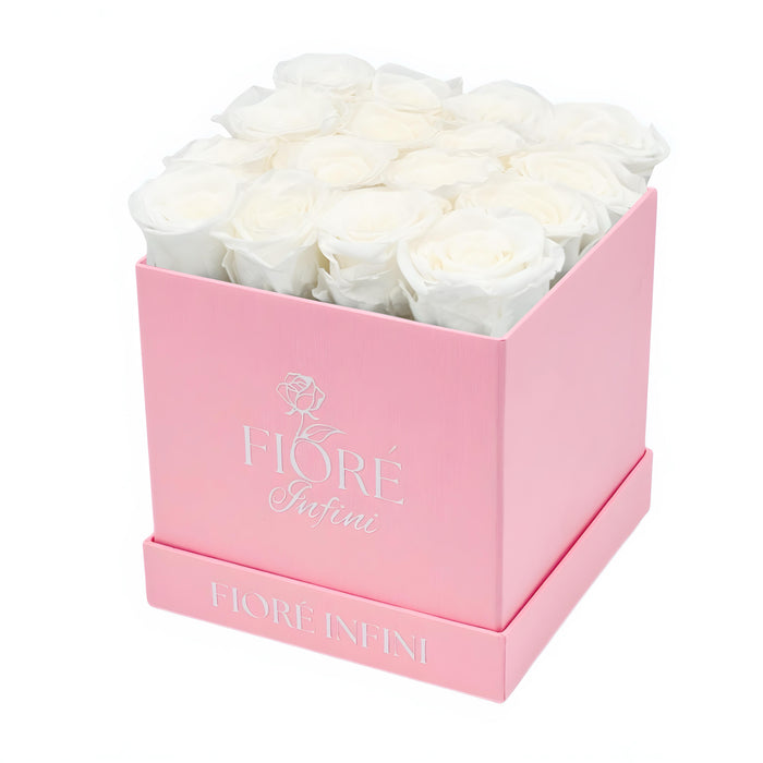 White Forever Roses In A Pink Square Box