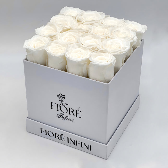 16 White Forever Roses In a White Square Box