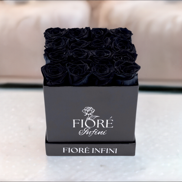 black forever roses in a black box
