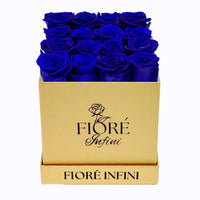 Blue Forever Roses In A Gold Square Box by Fiore Infini