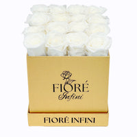 White Forever Roses In A Gold Square Box by Fiore Infini