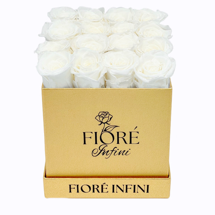 White Forever Roses In A Gold Square Box by Fiore Infini