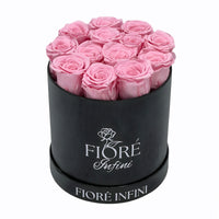 Pink Forever Roses In A Round Black Box
