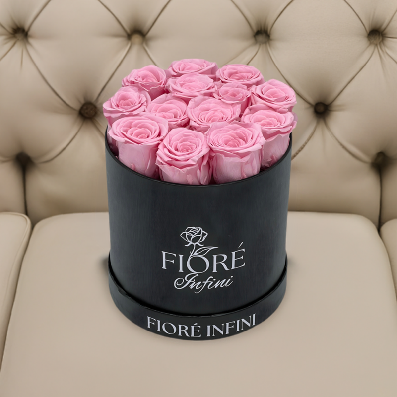 Pink Forever Roses In A Round Black Box by fiore infini