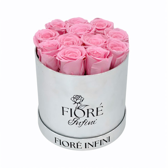 Pink Forever Roses in A Round Silver Box