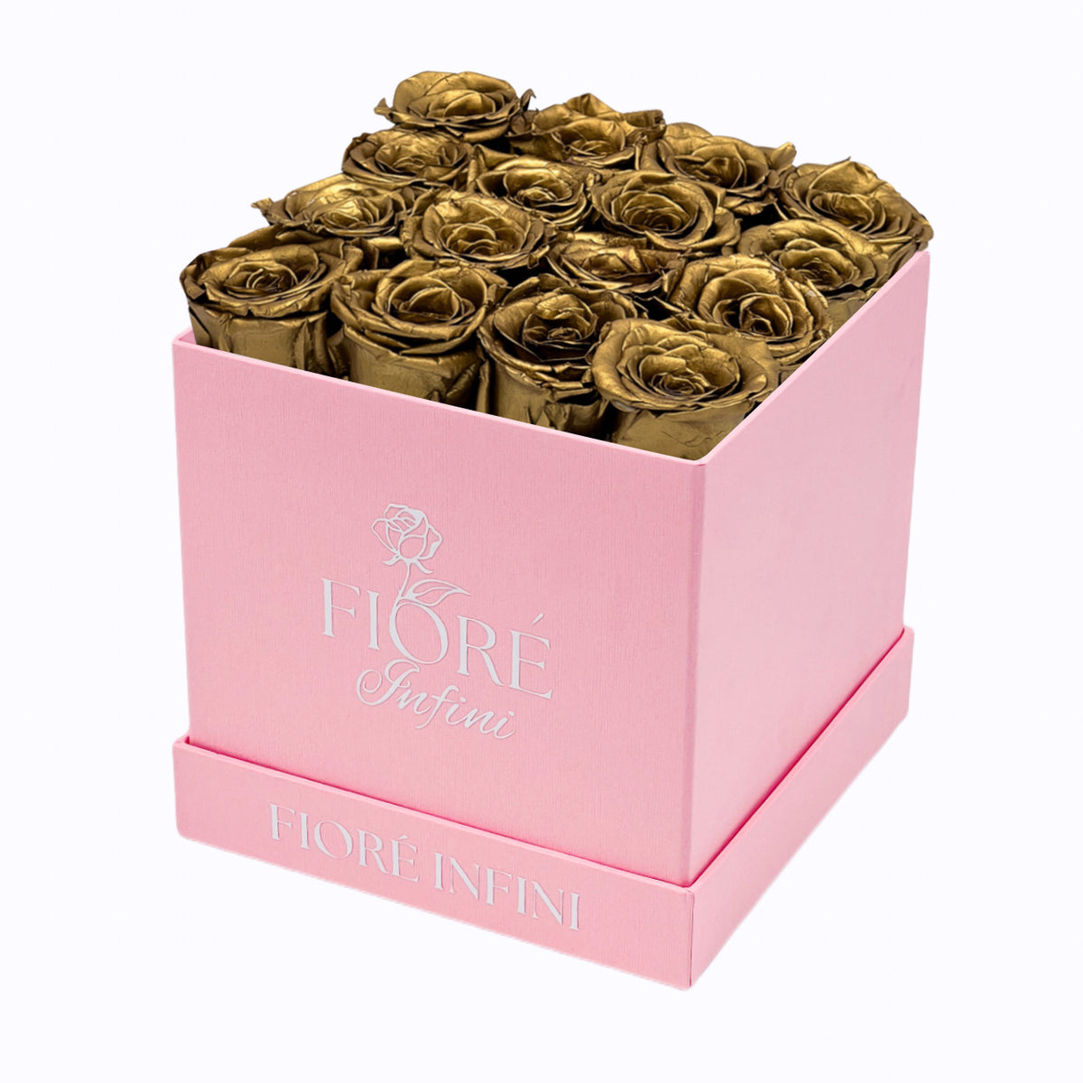 Gold Forever Roses In A Pink Square Box