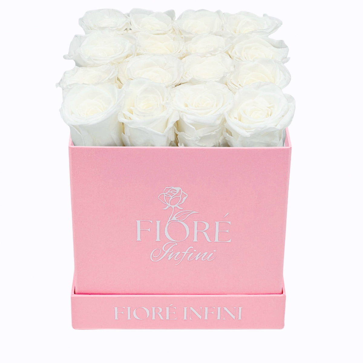 White Forever Roses In A Pink Square Box by fiore infini