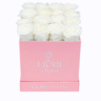 White Forever Roses In A Pink Square Box by fiore infini