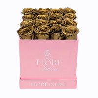 Gold Forever Roses In A Pink Square Box by fiore infini