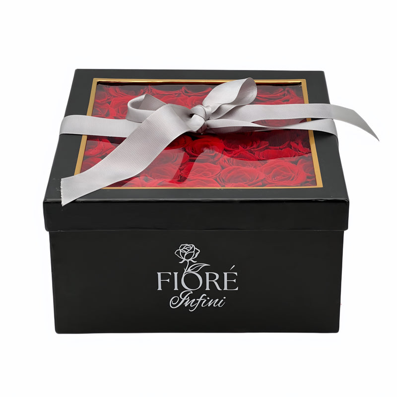 Red Forever Roses In a Large Black Square Box