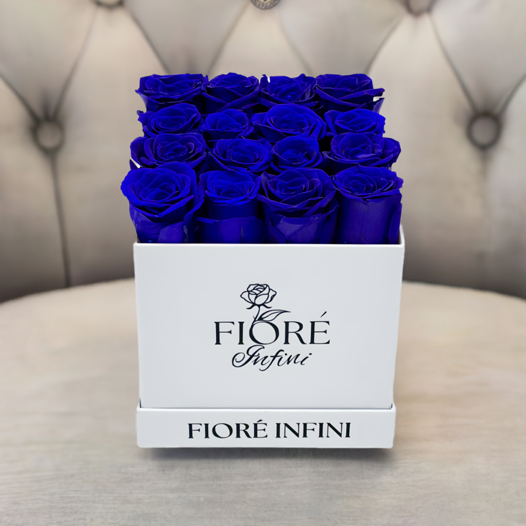 blue roses in a box