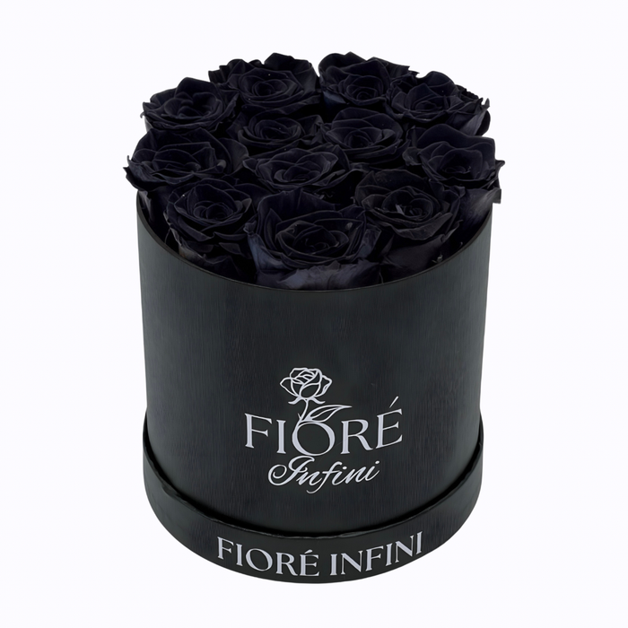 black preserved roses in a black box
